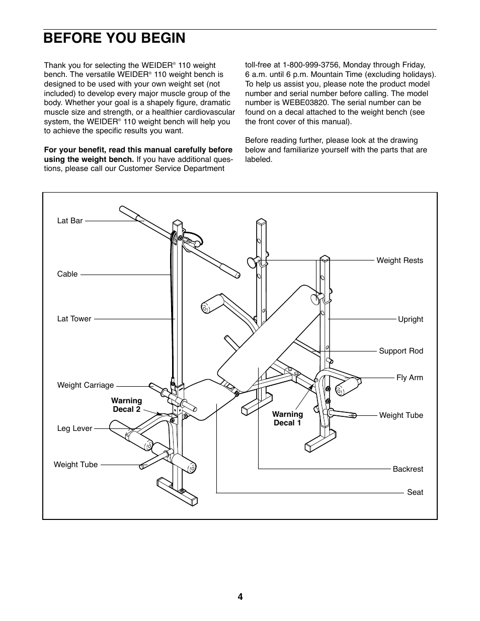 Before you begin | Weider WEBE03820 User Manual | Page 4 / 20