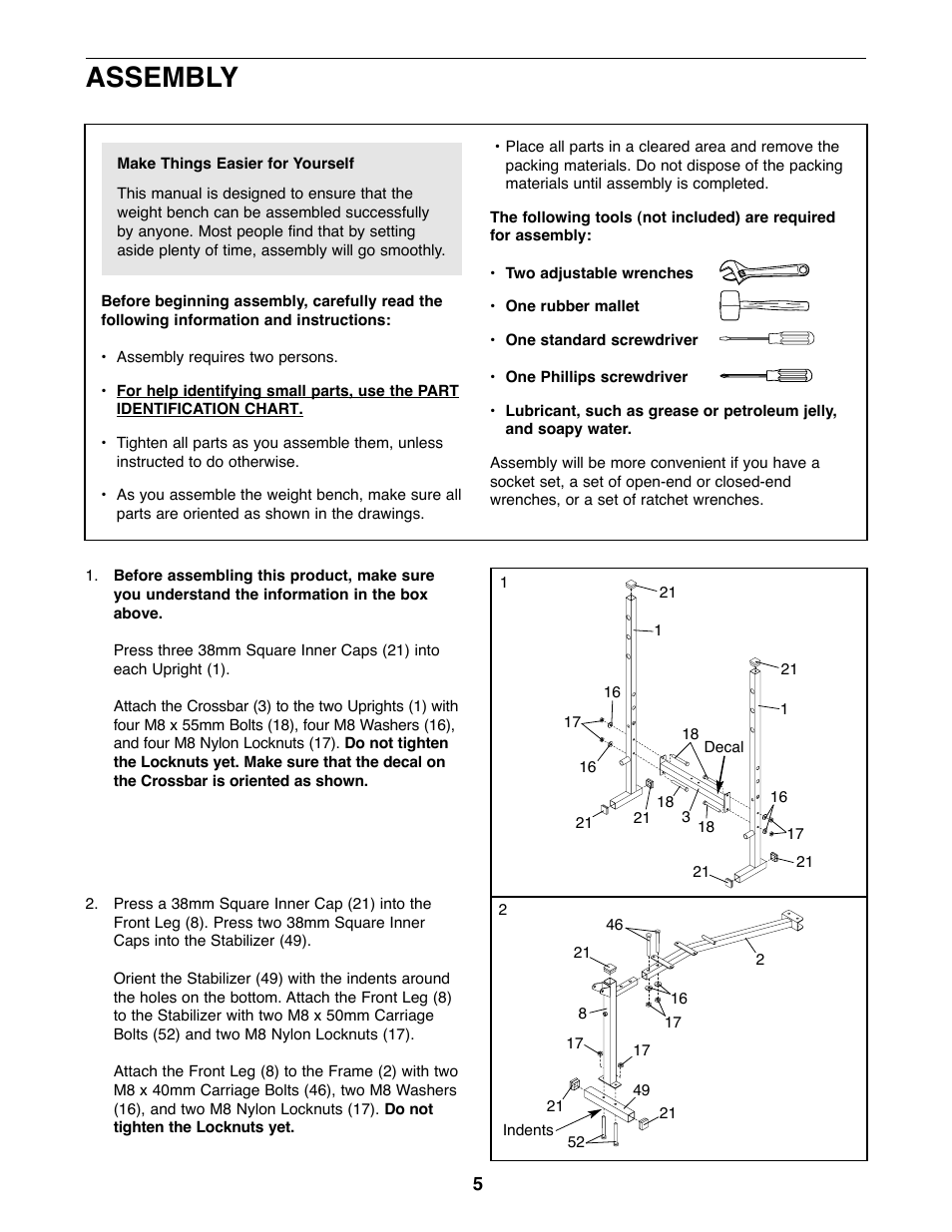 Assembly | Weider WEBE03820 User Manual | Page 5 / 20
