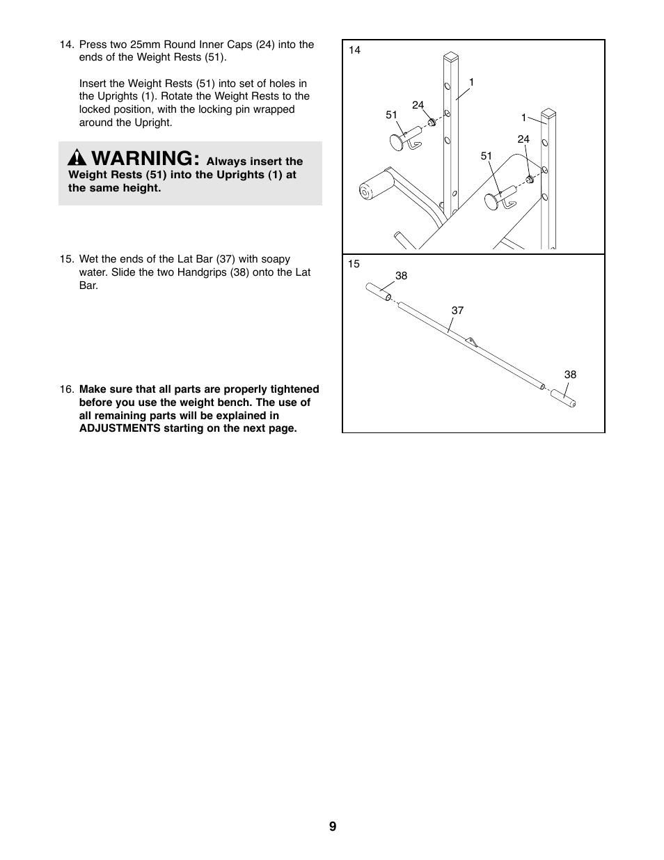 Warning | Weider WEBE03820 User Manual | Page 9 / 20