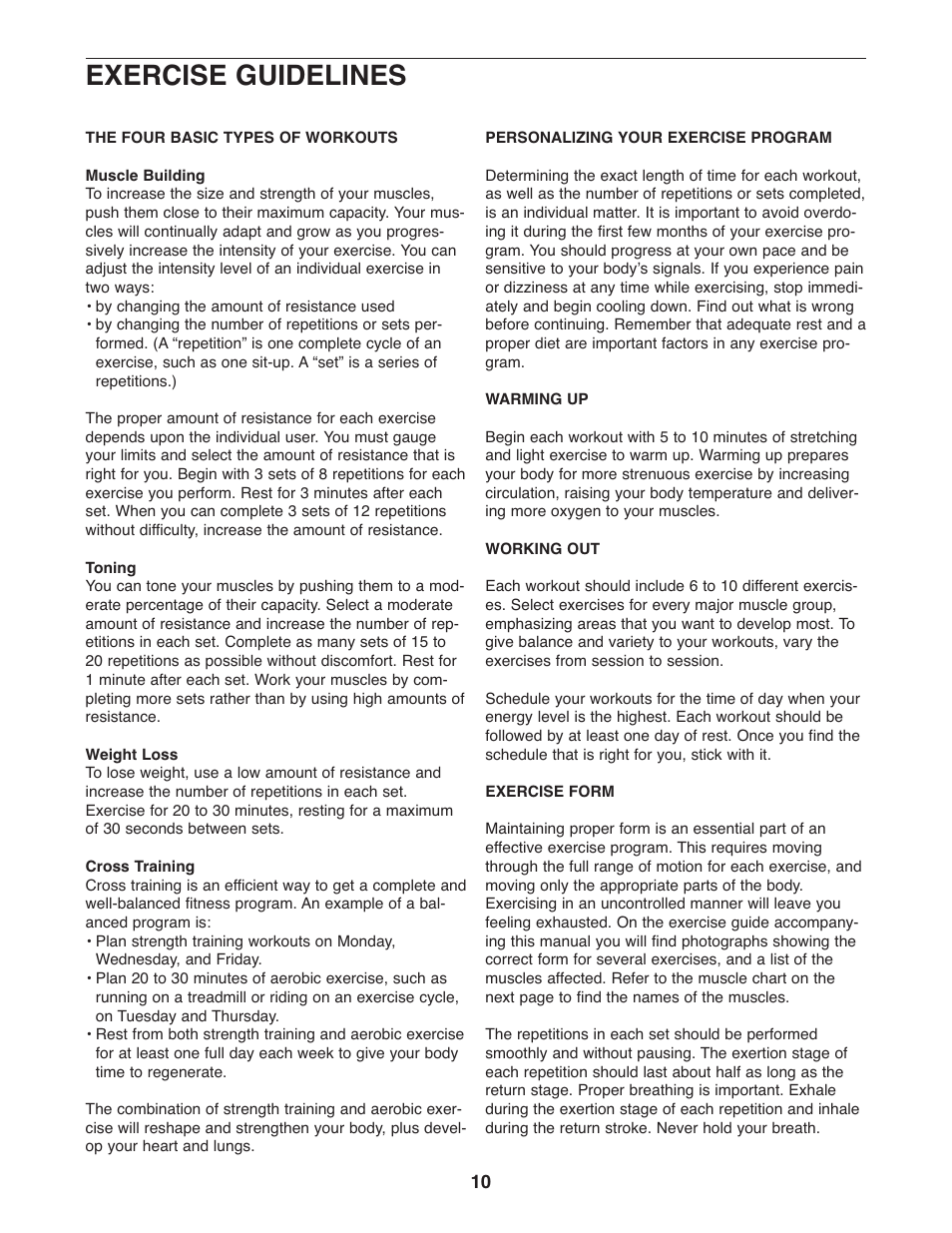 Exercise guidelines | Weider 831.15607.1 User Manual | Page 10 / 16