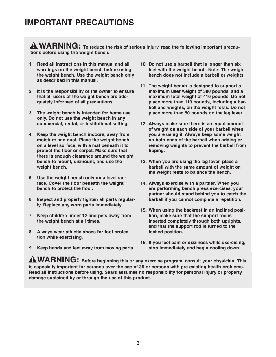Warning, Important precautions | Weider 831.15607.1 User Manual | Page 3 / 16