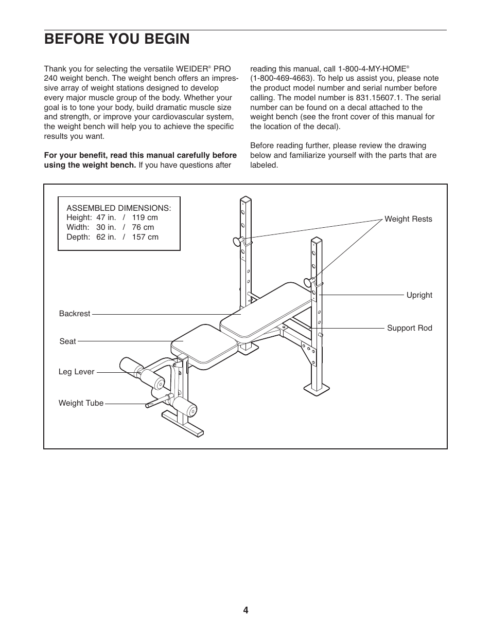 Before you begin | Weider 831.15607.1 User Manual | Page 4 / 16