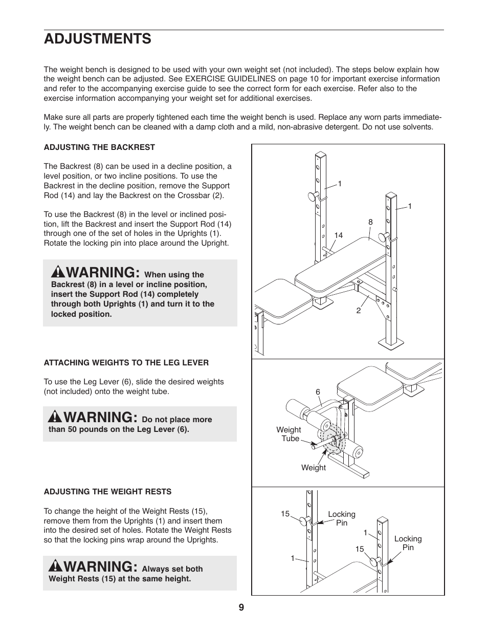 Warning, Adjustments | Weider 831.15607.1 User Manual | Page 9 / 16