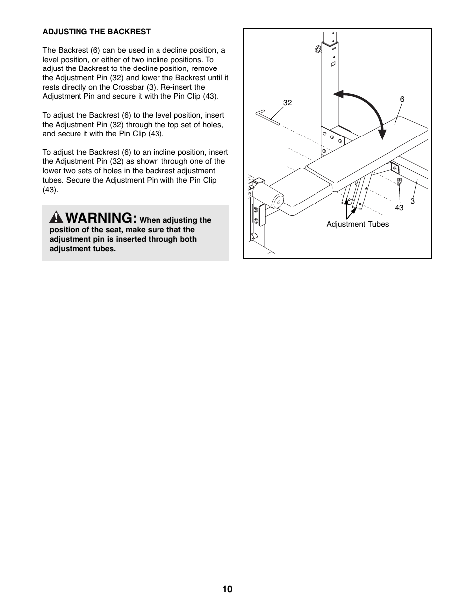 Warning | Weider WEBE09900 User Manual | Page 10 / 16