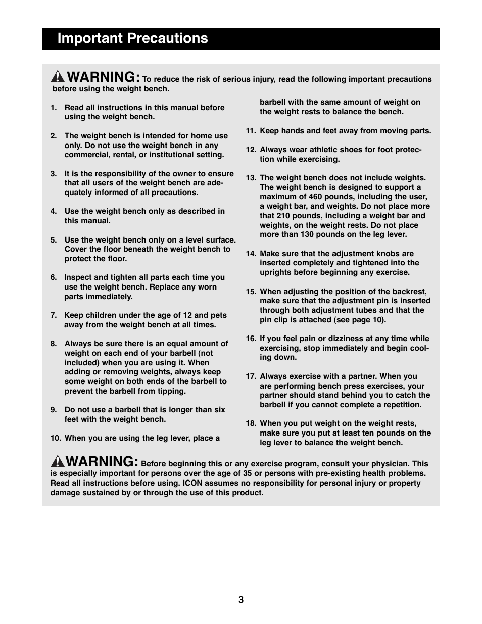 Important precautions warning, Warning | Weider WEBE09900 User Manual | Page 3 / 16