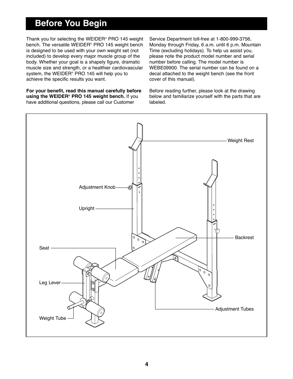 Before you begin | Weider WEBE09900 User Manual | Page 4 / 16