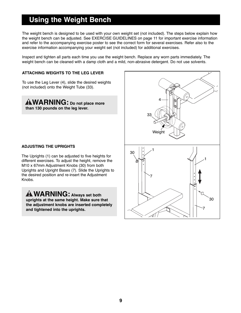 Using the weight bench, Warning | Weider WEBE09900 User Manual | Page 9 / 16