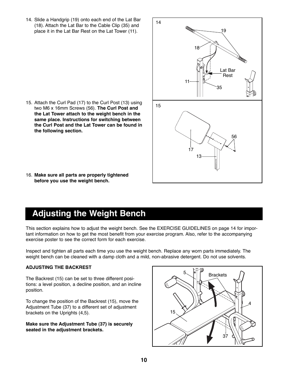 Adjusting the weight bench | Weider WEBE08900 User Manual | Page 10 / 20