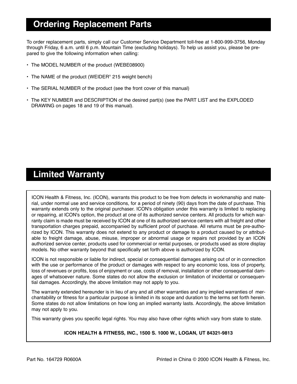 Ordering replacement parts, Limited warranty | Weider WEBE08900 User Manual | Page 20 / 20