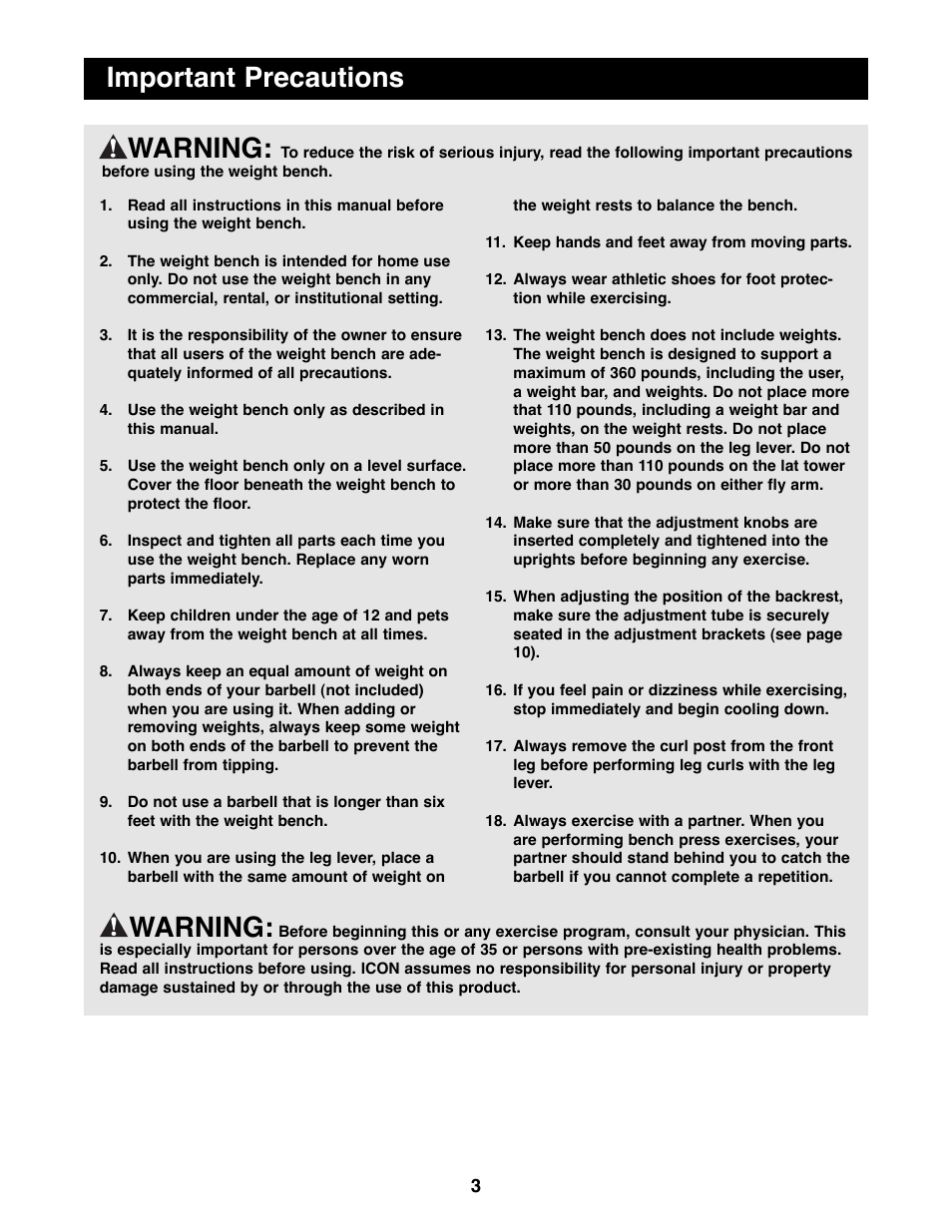 Warning, Important precautions warning | Weider WEBE08900 User Manual | Page 3 / 20