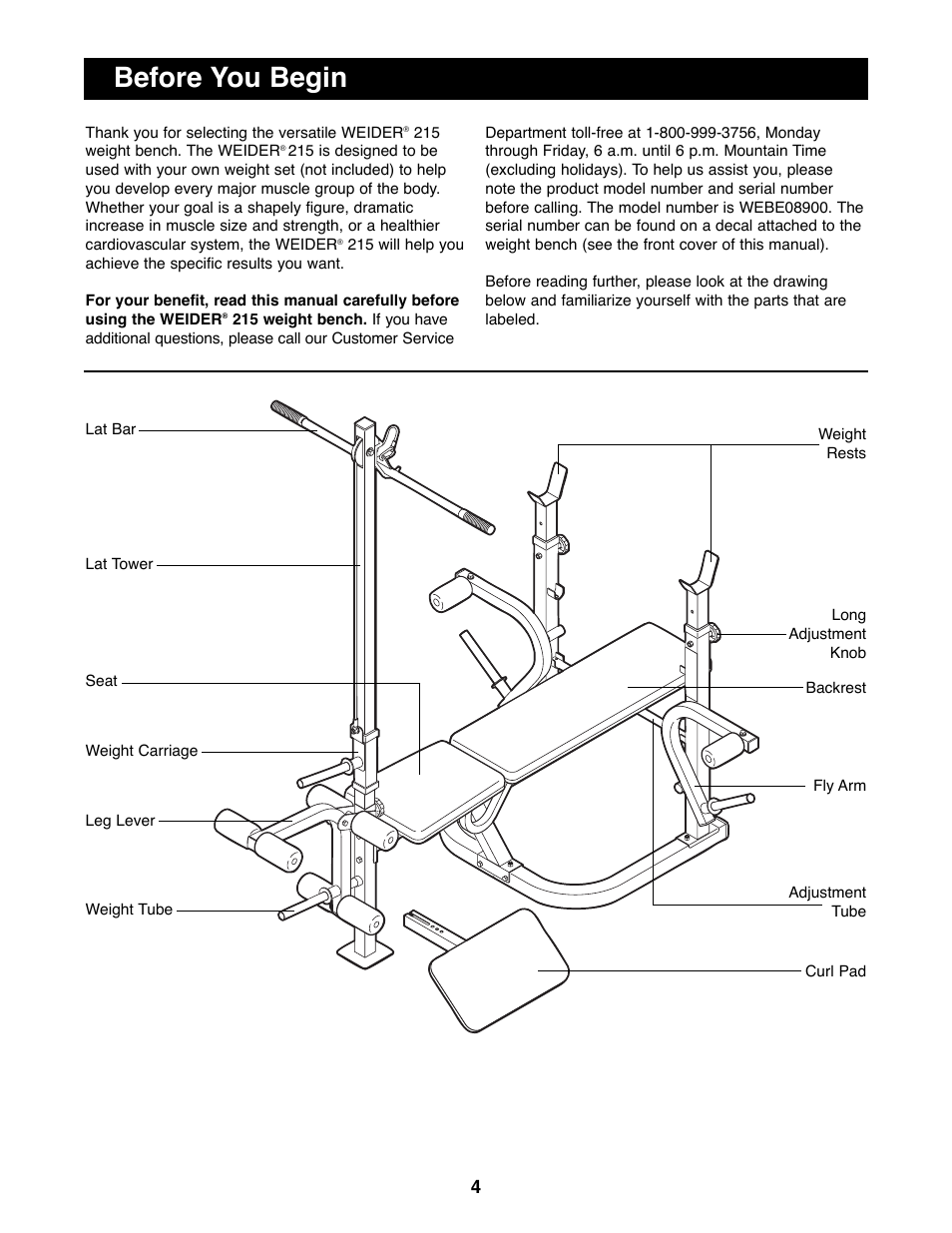 Before you begin | Weider WEBE08900 User Manual | Page 4 / 20