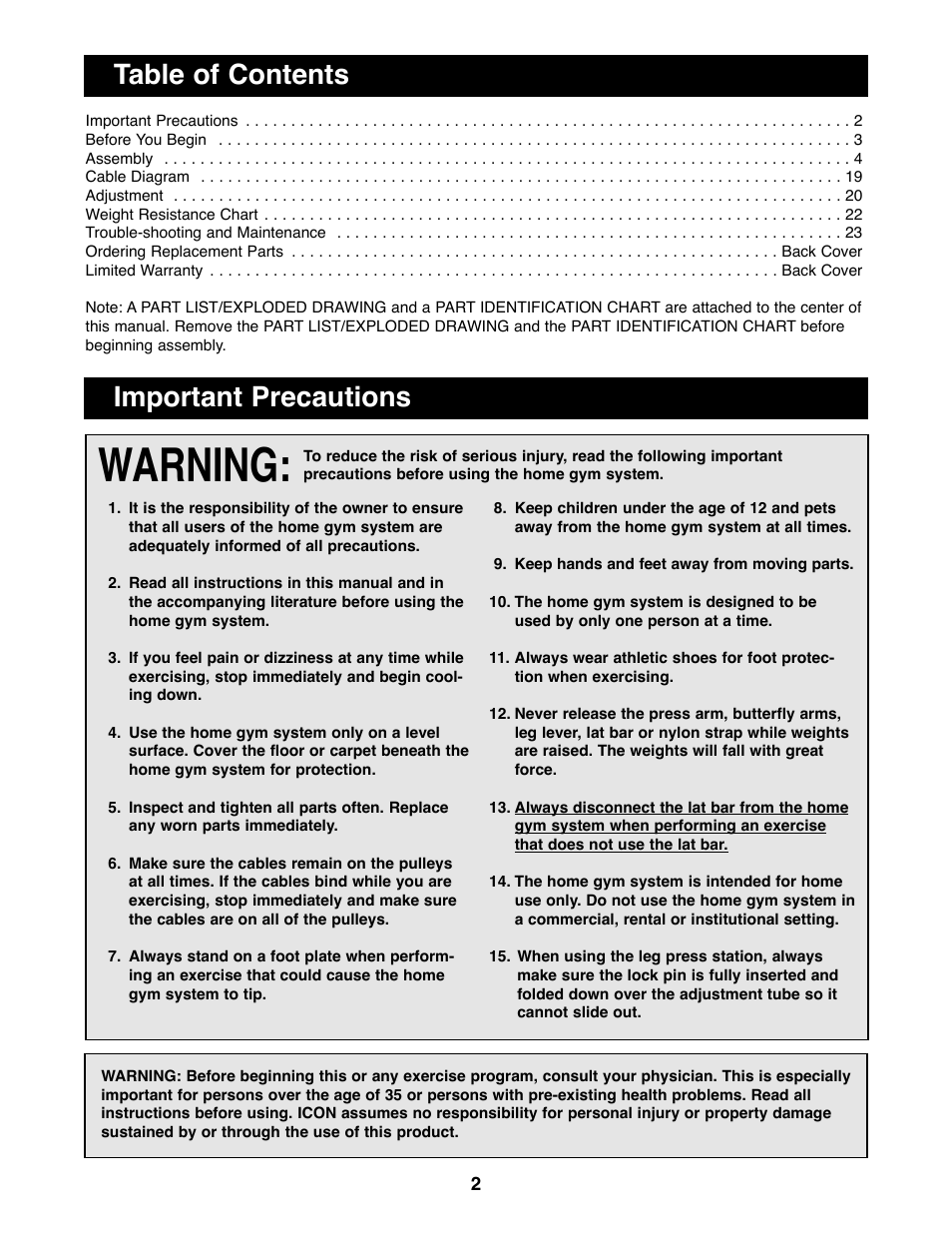 Warning, Table of contents important precautions | Weider WESY91080 User Manual | Page 2 / 29