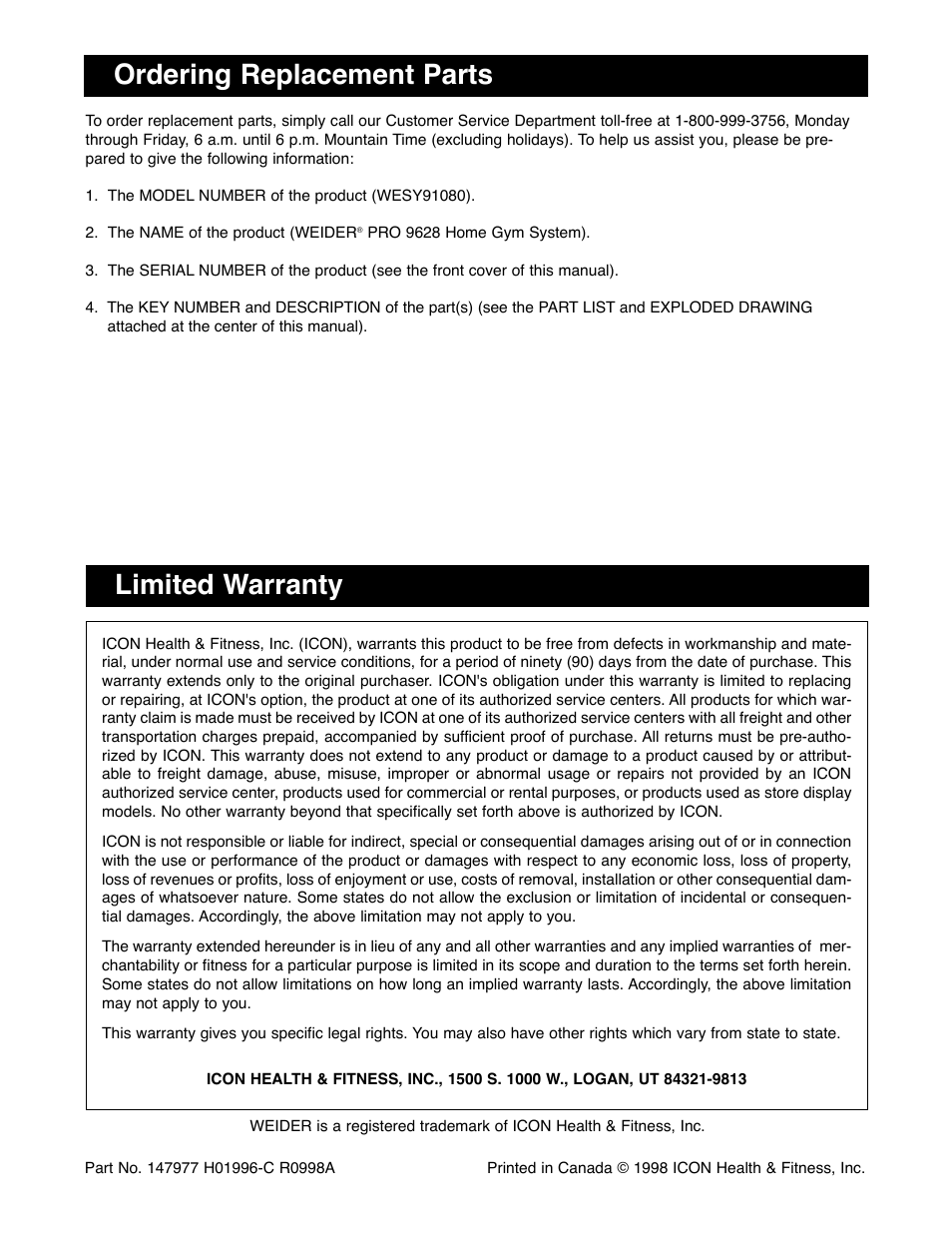 Ordering replacement parts limited warranty | Weider WESY91080 User Manual | Page 29 / 29