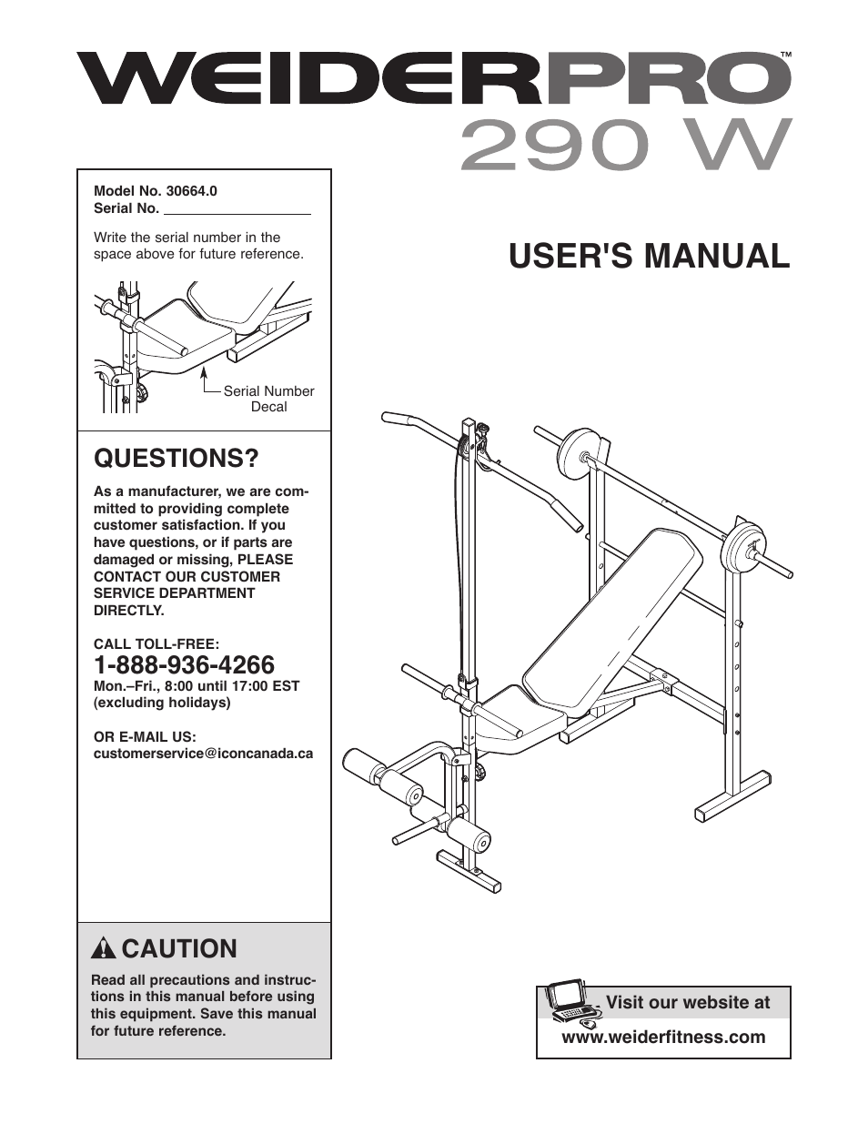 Weider Pro 290 W 30664.0 User Manual | 16 pages