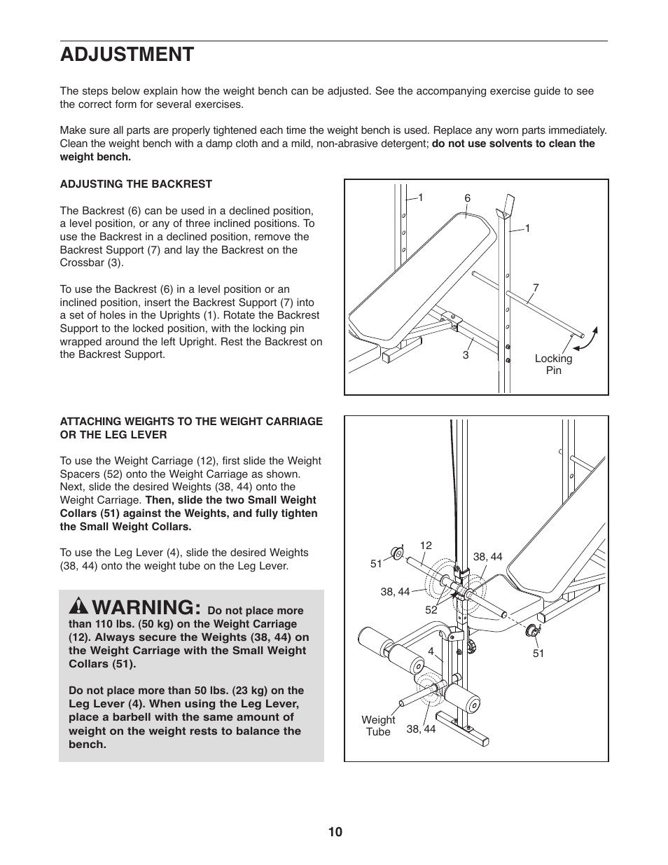 Warning, Adjustment | Weider Pro 290 W 30664.0 User Manual | Page 10 / 16