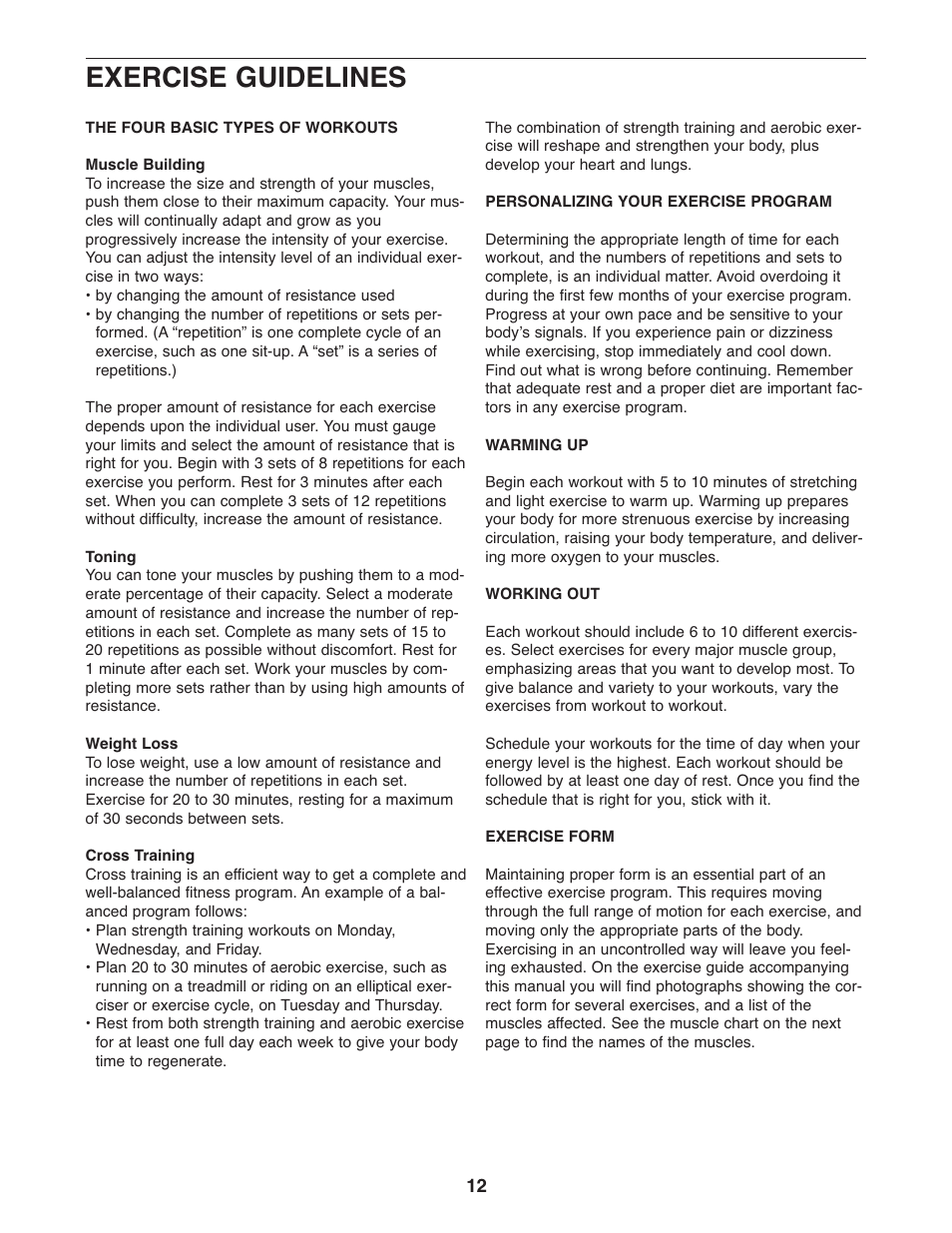 Exercise guidelines | Weider Pro 290 W 30664.0 User Manual | Page 12 / 16