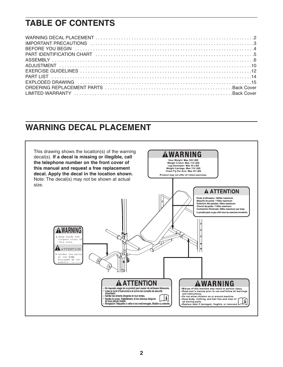 Table of contents warning decal placement | Weider Pro 290 W 30664.0 User Manual | Page 2 / 16