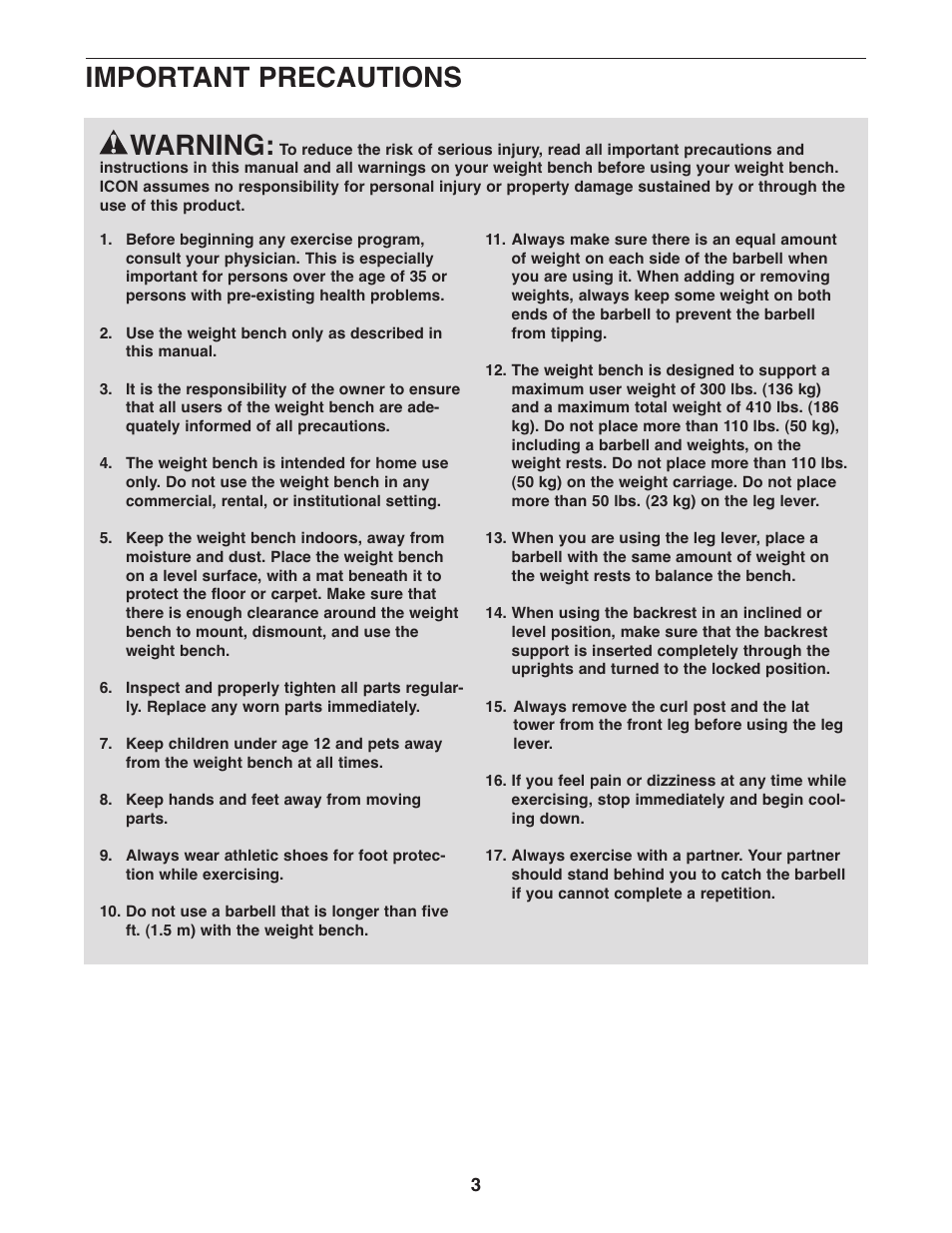 Warning, Important precautions | Weider Pro 290 W 30664.0 User Manual | Page 3 / 16
