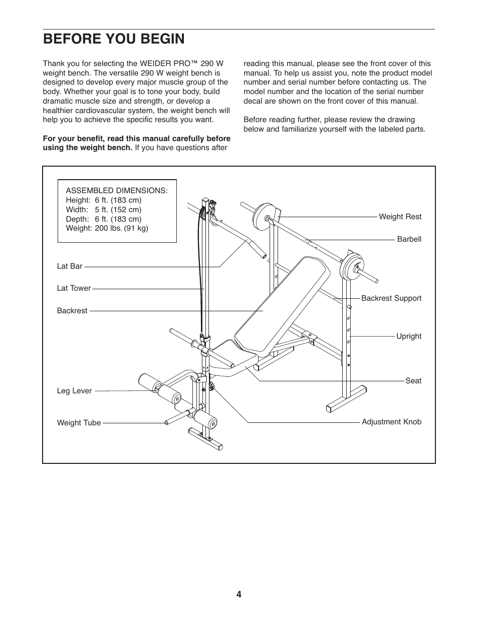 Before you begin | Weider Pro 290 W 30664.0 User Manual | Page 4 / 16