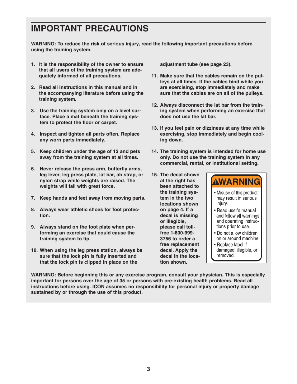 Important precautions | Weider WESY86303 User Manual | Page 3 / 36