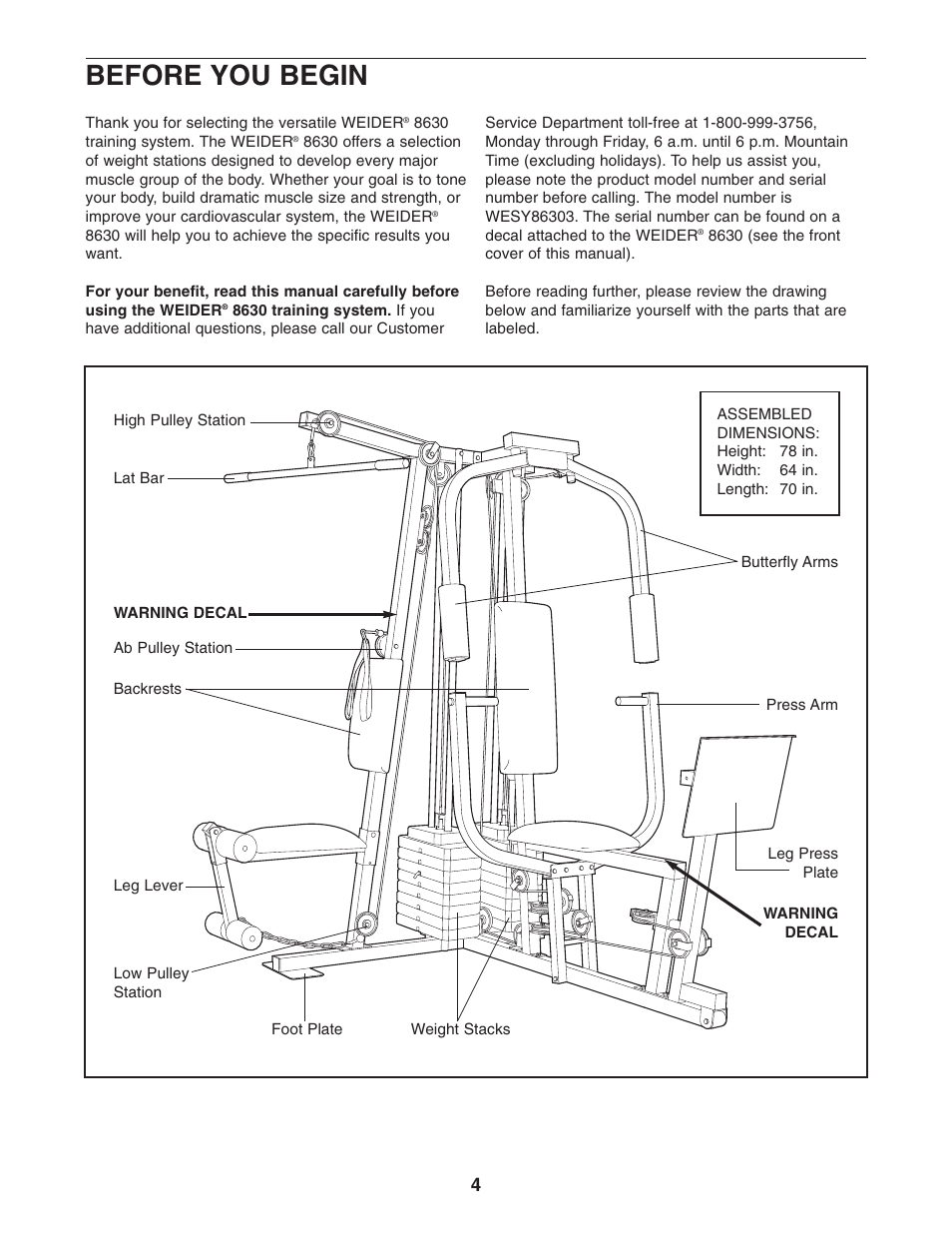 Before you begin | Weider WESY86303 User Manual | Page 4 / 36