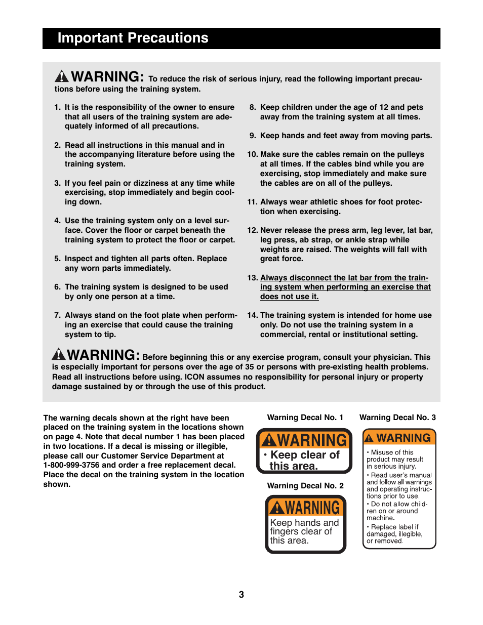 Important precautions, Warning, Keep clear of this area | Weider 16.8ST User Manual | Page 3 / 33