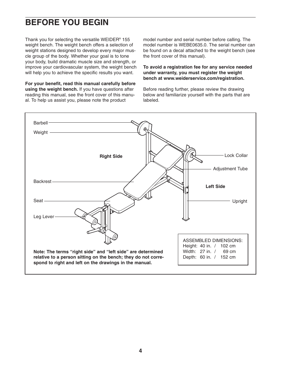 Before you begin | Weider WEBE0635.0 User Manual | Page 4 / 15