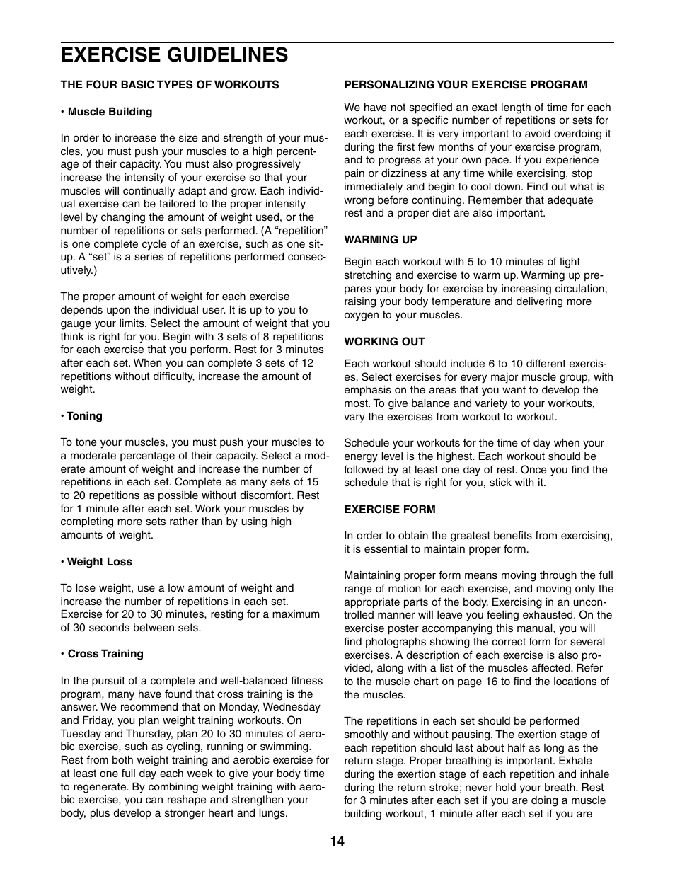 Exercise guidelines | Weider 831.150380 User Manual | Page 14 / 20