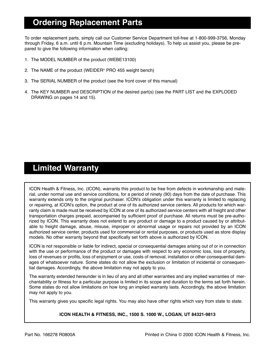Limited warranty ordering replacement parts | Weider WEBE13100 User Manual | Page 16 / 16