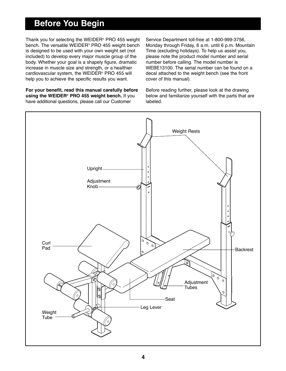 Before you begin | Weider WEBE13100 User Manual | Page 4 / 16