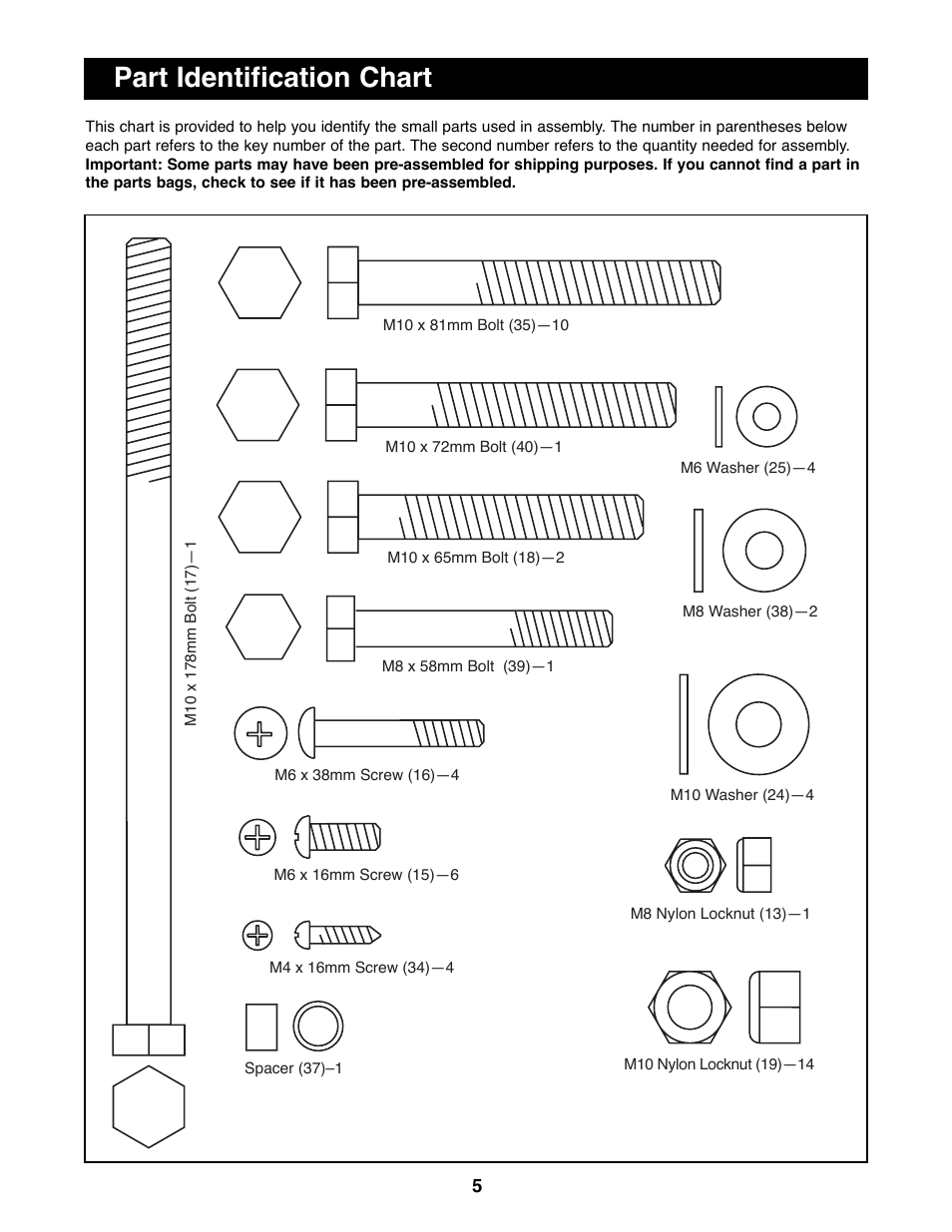 Part identification chart | Weider WEBE13100 User Manual | Page 5 / 16