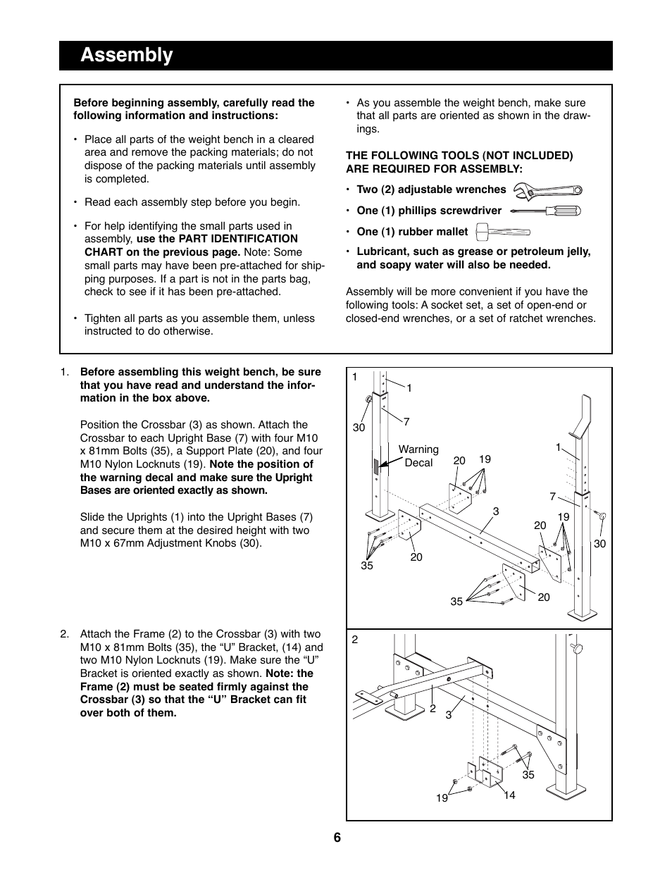 Assembly | Weider WEBE13100 User Manual | Page 6 / 16
