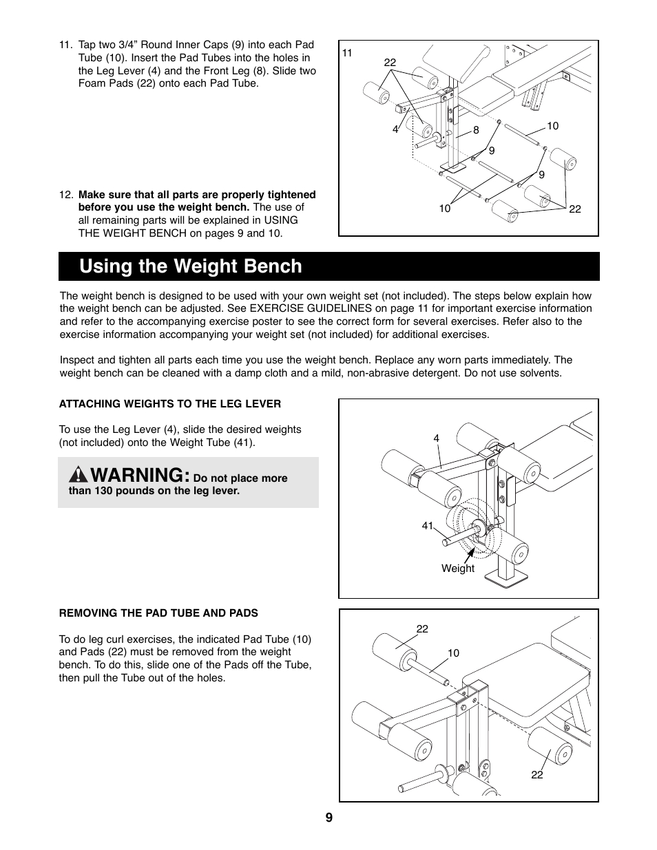 Using the weight bench, Warning | Weider WEBE13100 User Manual | Page 9 / 16