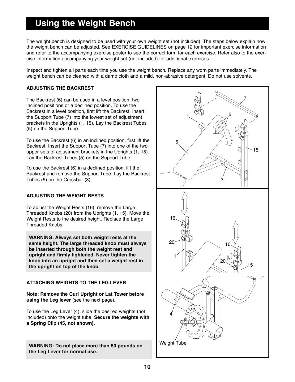 Using the weight bench | Weider WEBE06690 User Manual | Page 10 / 16