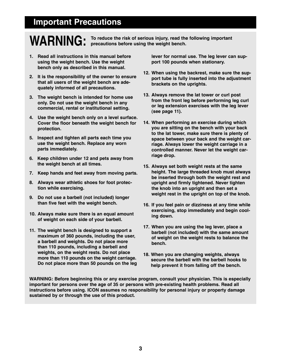 Warning, Important precautions | Weider WEBE06690 User Manual | Page 3 / 16