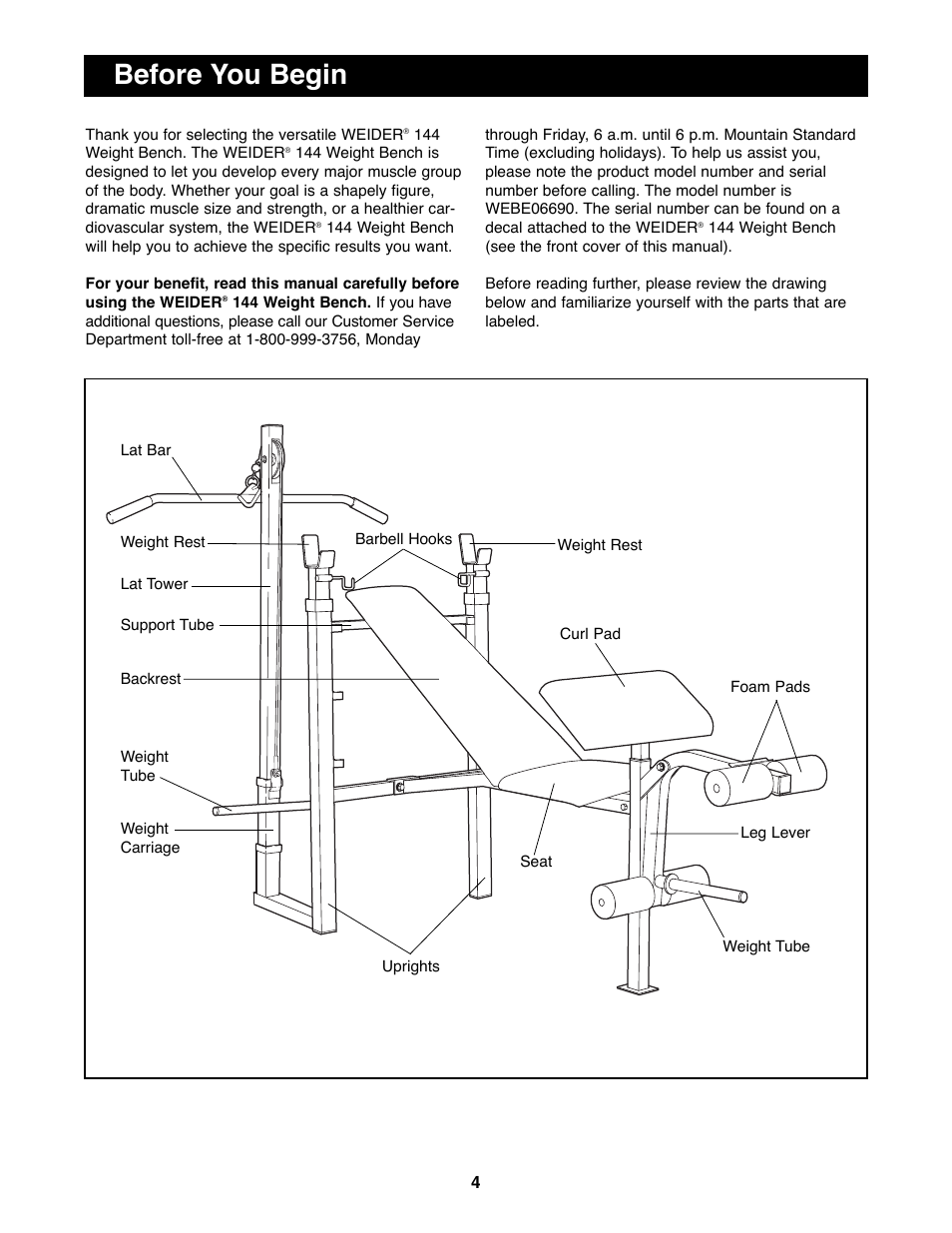 Before you begin | Weider WEBE06690 User Manual | Page 4 / 16