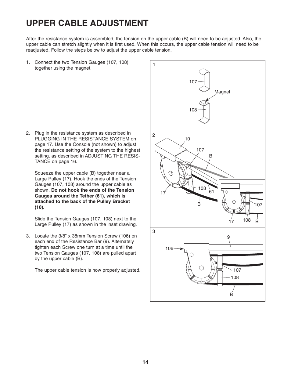 Upper cable adjustment | Weider WESY68632 User Manual | Page 14 / 27