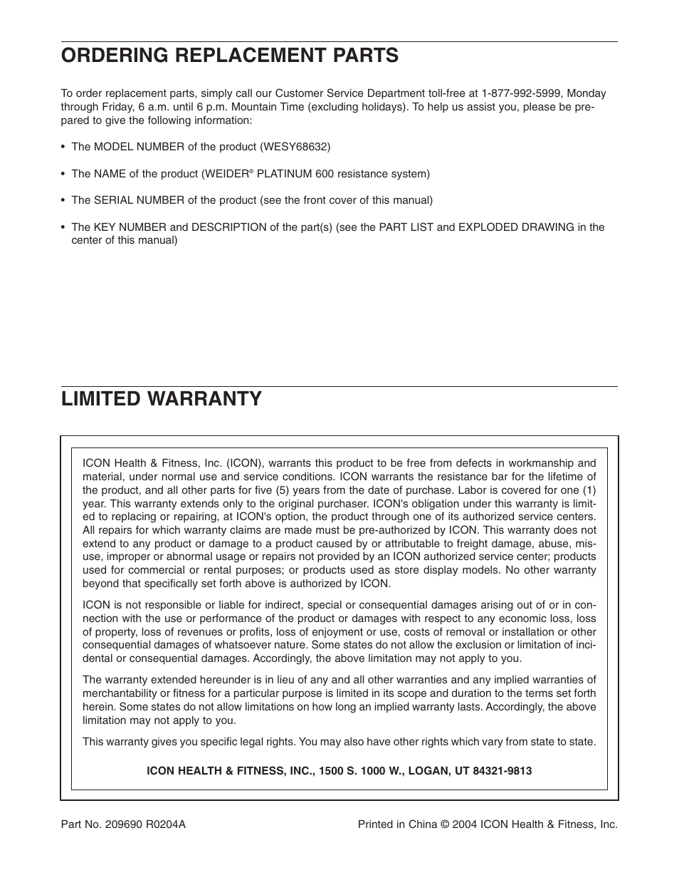 Ordering replacement parts, Limited warranty | Weider WESY68632 User Manual | Page 27 / 27