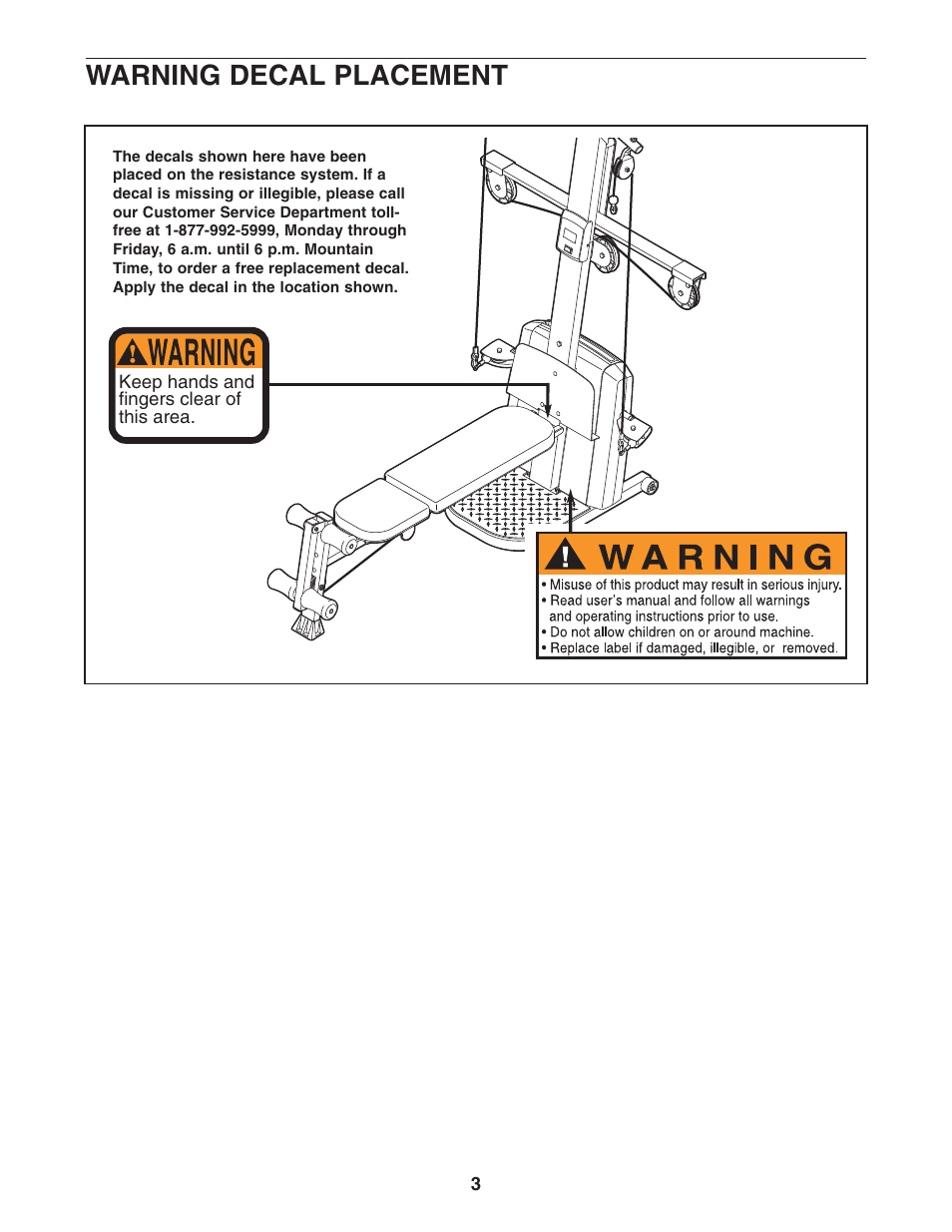 Warning decal placement | Weider WESY68632 User Manual | Page 3 / 27
