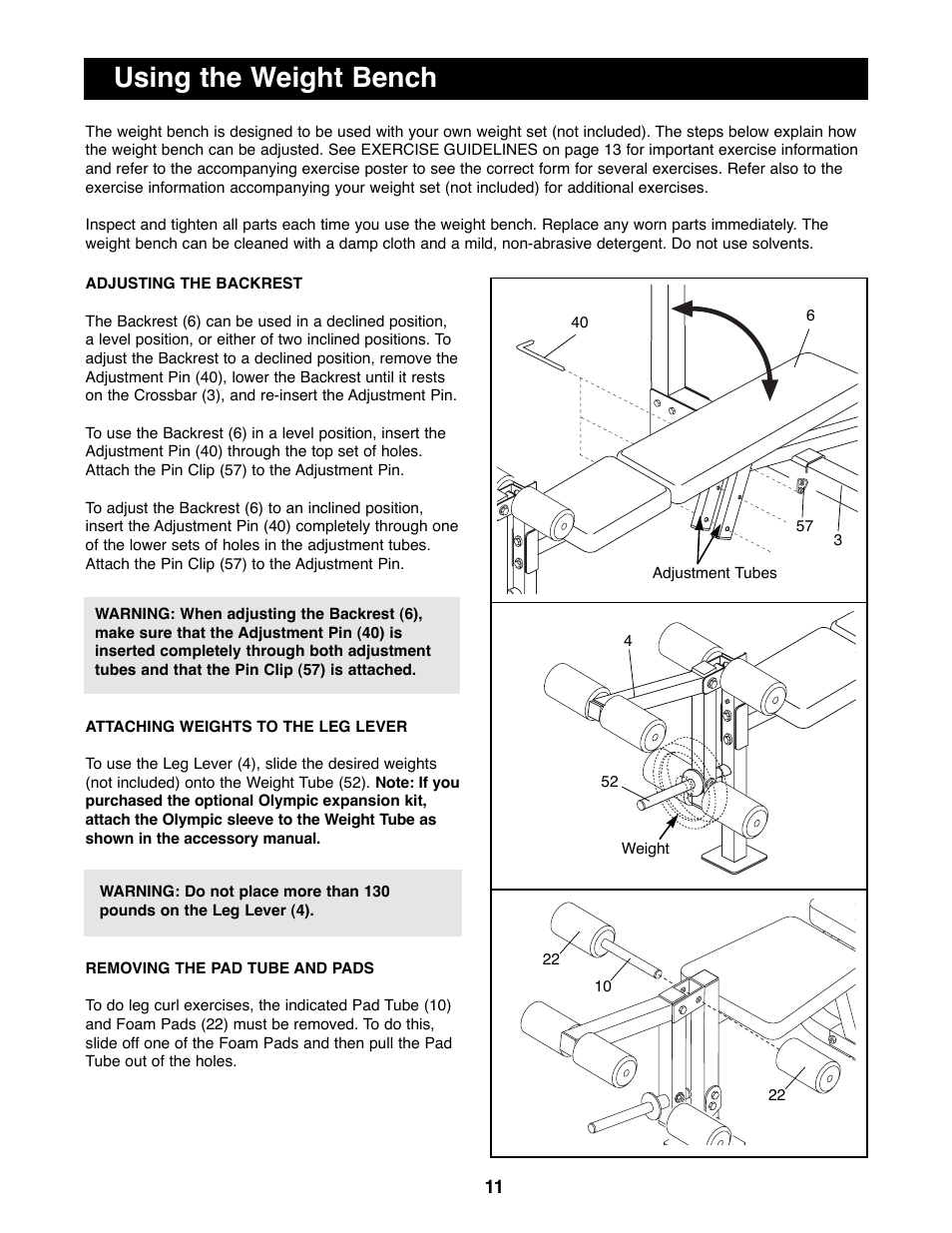 Using the weight bench | Weider PRO 900 User Manual | Page 11 / 20