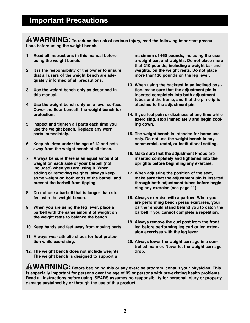 Important precautions warning, Warning | Weider PRO 900 User Manual | Page 3 / 20