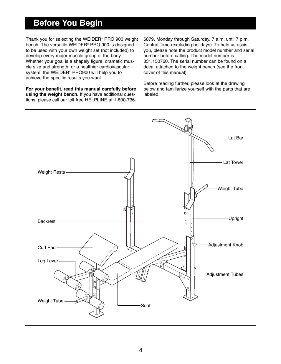 Before you begin | Weider PRO 900 User Manual | Page 4 / 20
