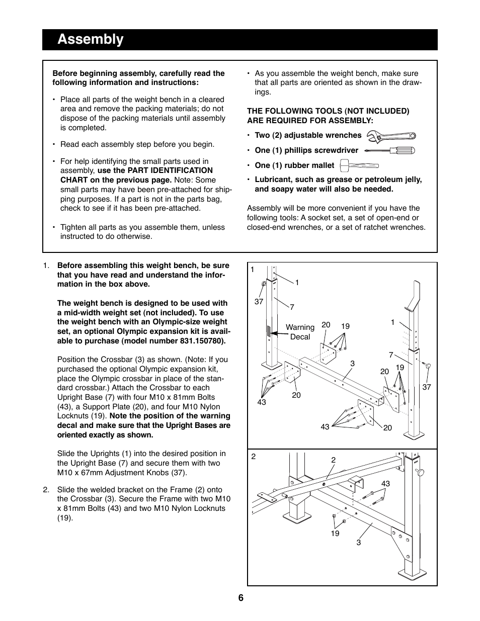 Assembly | Weider PRO 900 User Manual | Page 6 / 20