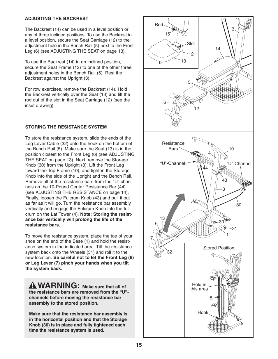 Warning | Weider 831.15395.0 User Manual | Page 15 / 24