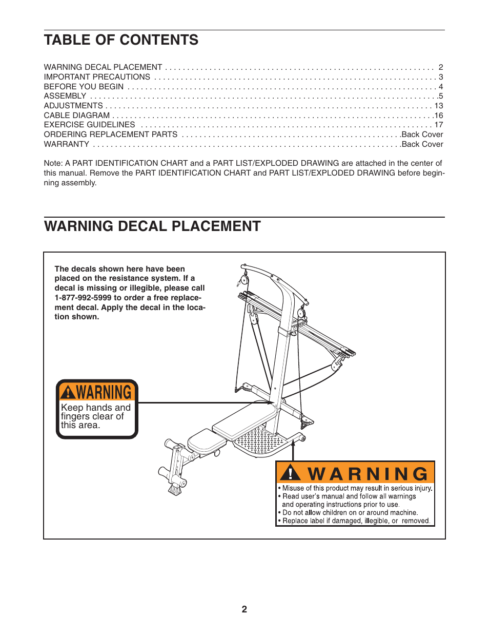 Table of contents warning decal placement | Weider 831.15395.0 User Manual | Page 2 / 24