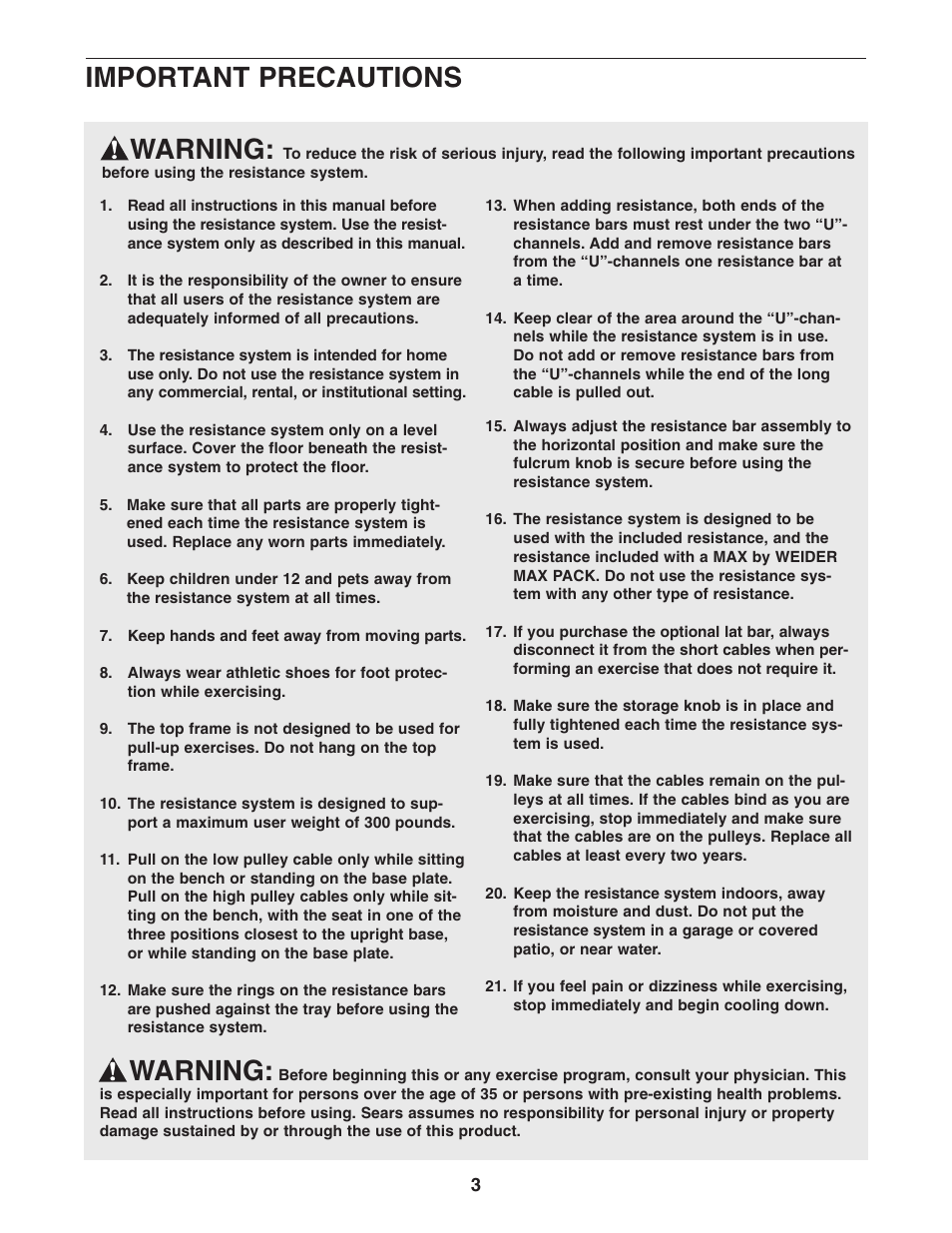 Warning, Important precautions | Weider 831.15395.0 User Manual | Page 3 / 24