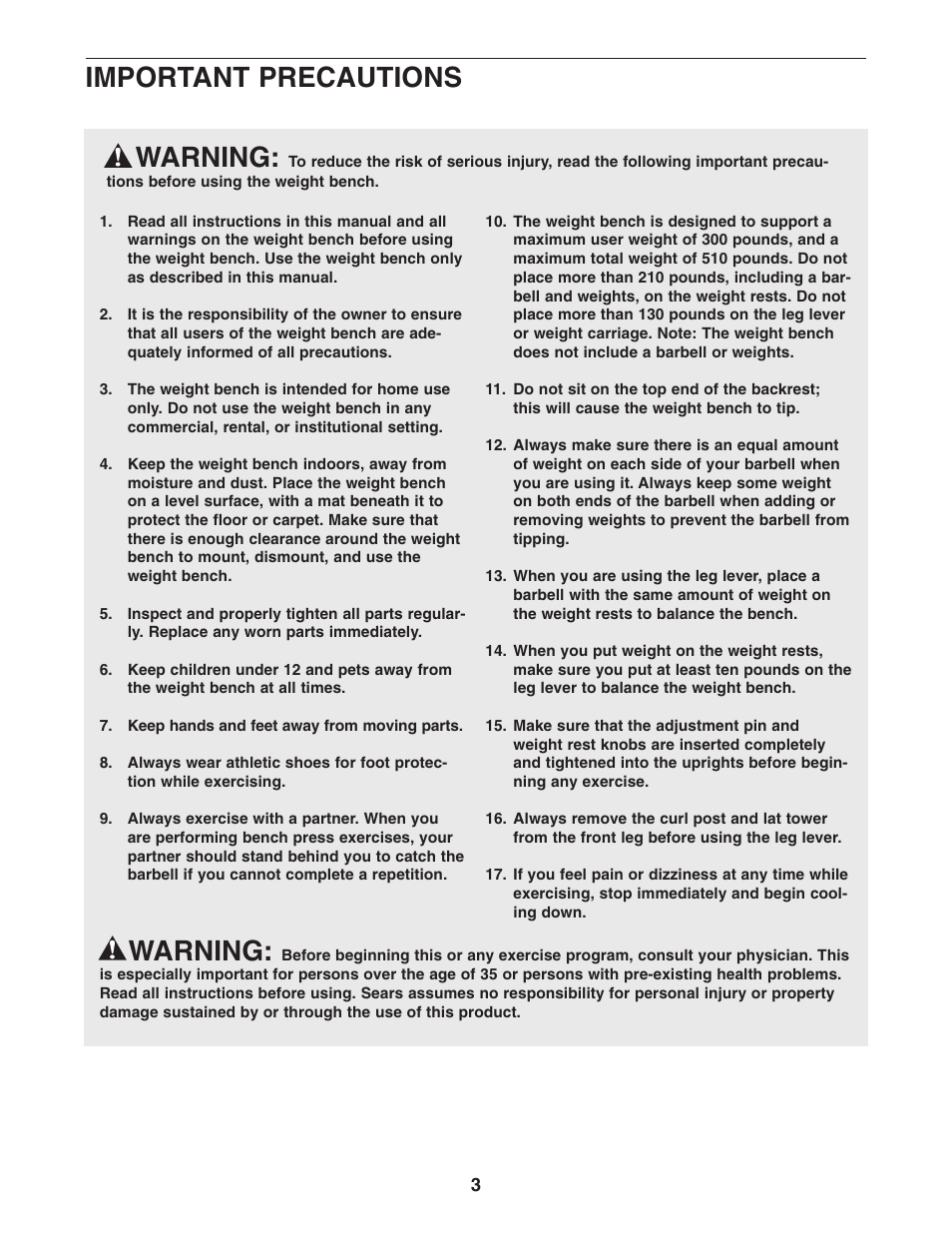 Warning, Important precautions | Weider Pro 260 831.15609.0 User Manual | Page 3 / 18