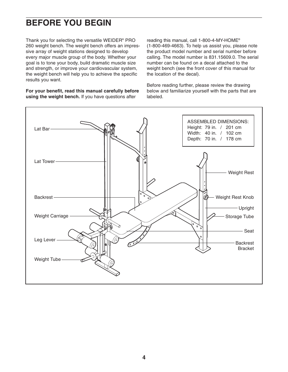Before you begin | Weider Pro 260 831.15609.0 User Manual | Page 4 / 18