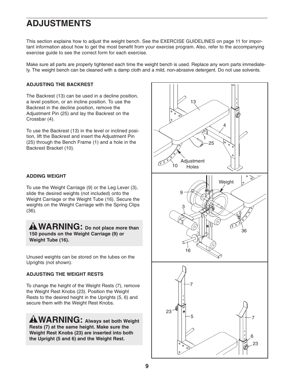 Adjustments, Warning | Weider Pro 260 831.15609.0 User Manual | Page 9 / 18