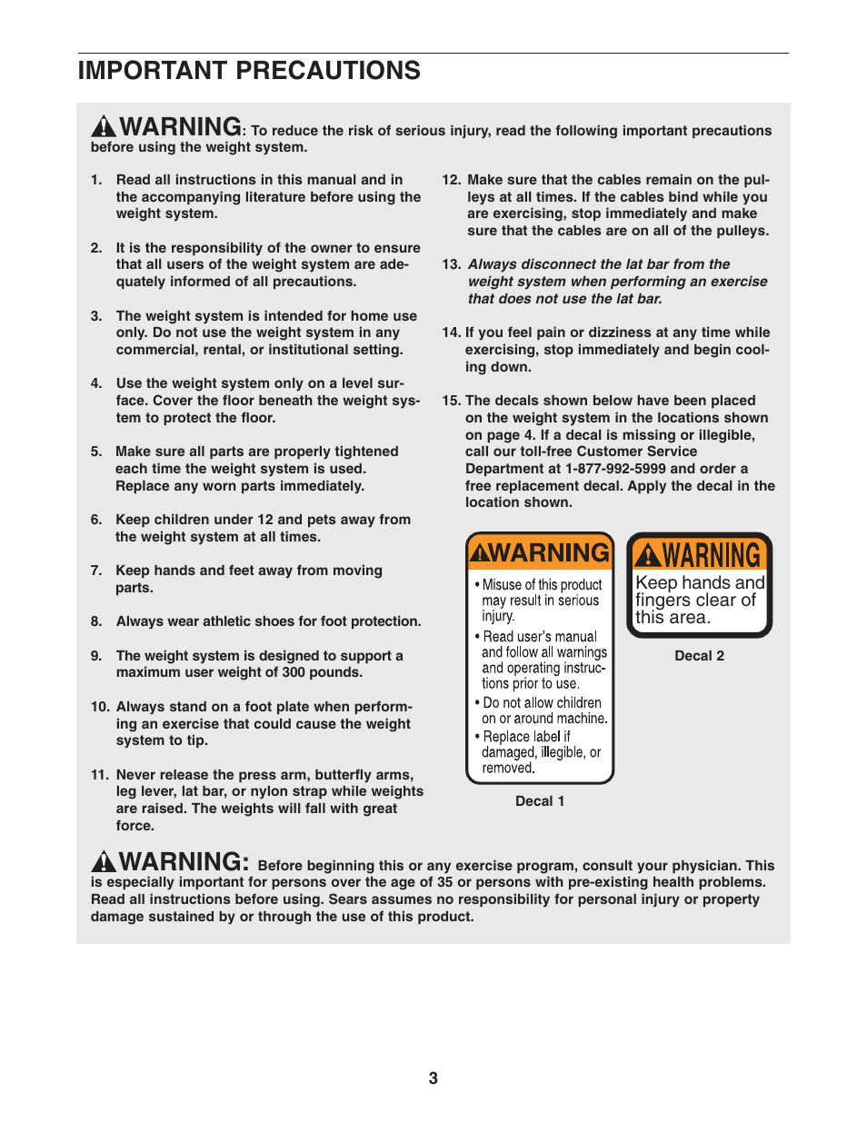 Warning, Important precautions, Keep hands and fingers clear of this area | Weider 831.159301 User Manual | Page 3 / 24